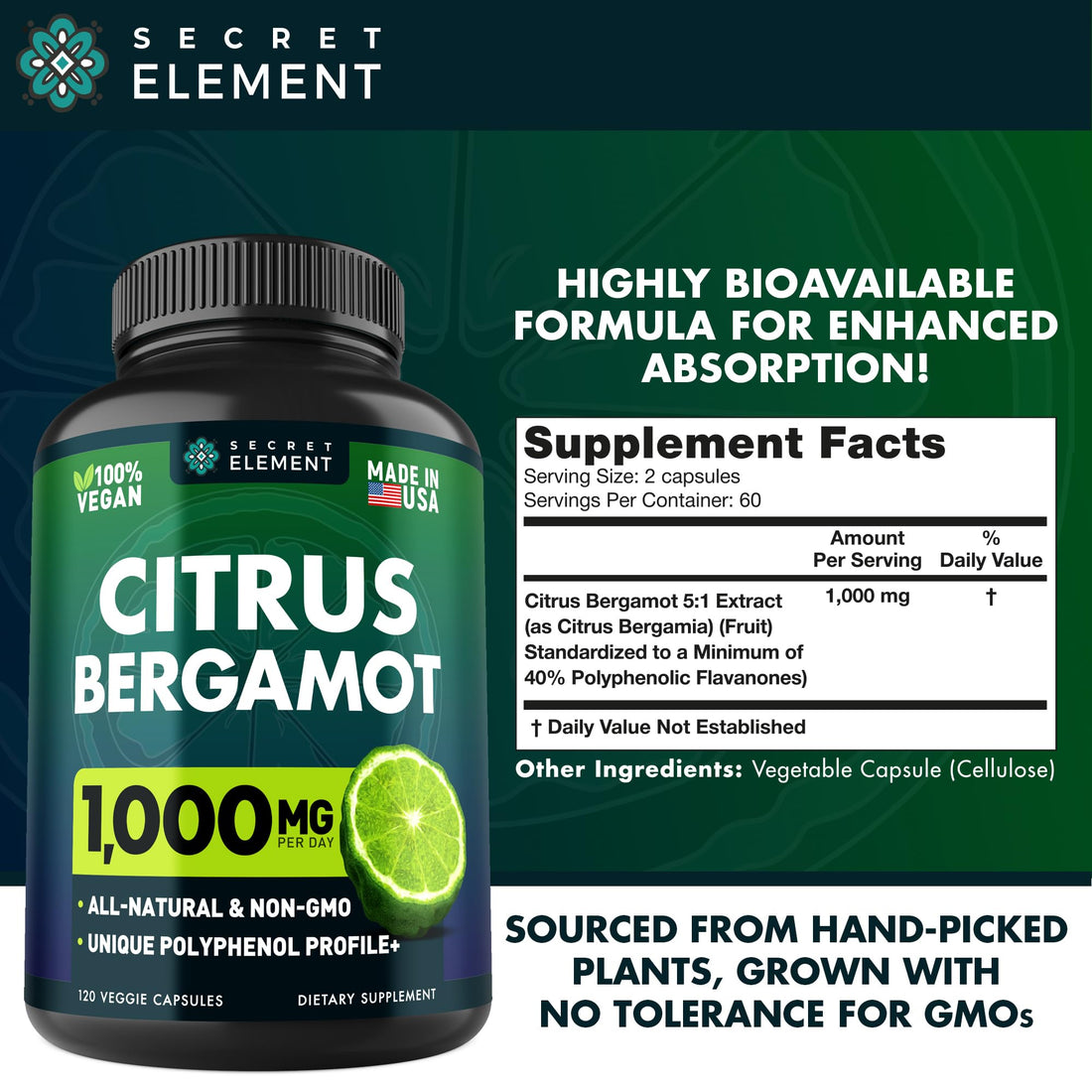 (2 PACK) Citrus Bergamot Extract 1000mg - Citrus Bergamot Supplement for Circulatory Health, Immunity, and Graceful Aging - 2x the potency of Citrus Bergamot 500mg - PrimeBioHealth - canada supplements