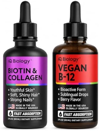 IQ BIOLOGY Liquid Biotin & Collagen Drops + Organic Vegan B12 Drops Bundle - Hair, Skin & Nails Support, Energy Metabolism & Nervous System Support - Berry Flavor - 2 fl oz Each