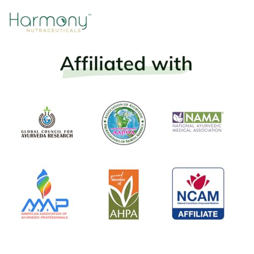 Green supplement bottle labeled 'Harmony Tulsi & Beyond' on a white background