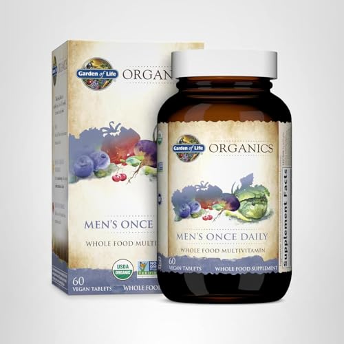 Garden of Life Organics Men's Once Daily multivitamin bottle and packaging on a white background