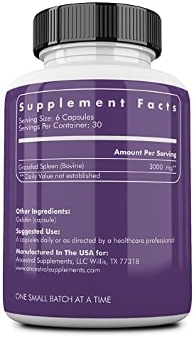 Ancestral Supplements Grass Fed Beef Spleen Capsules, 3000mg, 180 Ct | Spleen support formula promotes digestive, immune, iron, energy and allergy health, plus natural spleen detox.