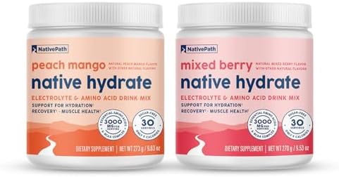 NativePath Hydrate Duo Jars - Mixed Berry & Peach Mango Electrolyte Drink Mix with BCAA for Hydration