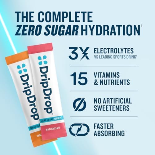 DripDrop Hydration Zero Sugar Plus Electrolyte Packets, Bundle, 16 Ct | Raspberry Lemonade, Watermelon, Tangerine, Tropical Punch, Strawberry Kiwi, Peach, Cherry Limeade, Wild Berry; Sugar Free