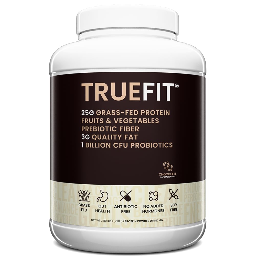 TrueFit Grass-Fed Whey Protein Powder + Fiber & Probiotics, Vanilla Shake | 25g Gut Healthy Protein with Fiber, Probiotics & Non-GMO Superfoods for Complete Meal Replacement Shake with Nothing Fake
