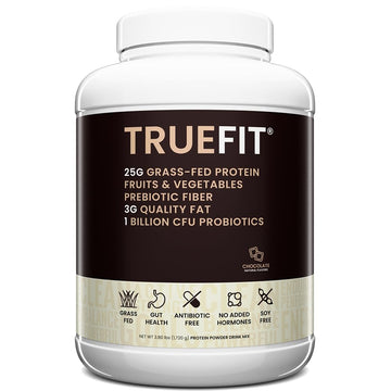 TrueFit Grass-Fed Whey Protein Powder + Fiber & Probiotics, Vanilla Shake | 25g Gut Healthy Protein with Fiber, Probiotics & Non-GMO Superfoods for Complete Meal Replacement Shake with Nothing Fake