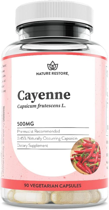 Nature Restore Premium Cayenne Pepper Extract Supplement. Standardized to 0.45% Capsaicin - 70,000 Scoville Heat Units for Natural Metabolism Support, Thermogenic Heat & Circulation, 90 Vegan Capsules