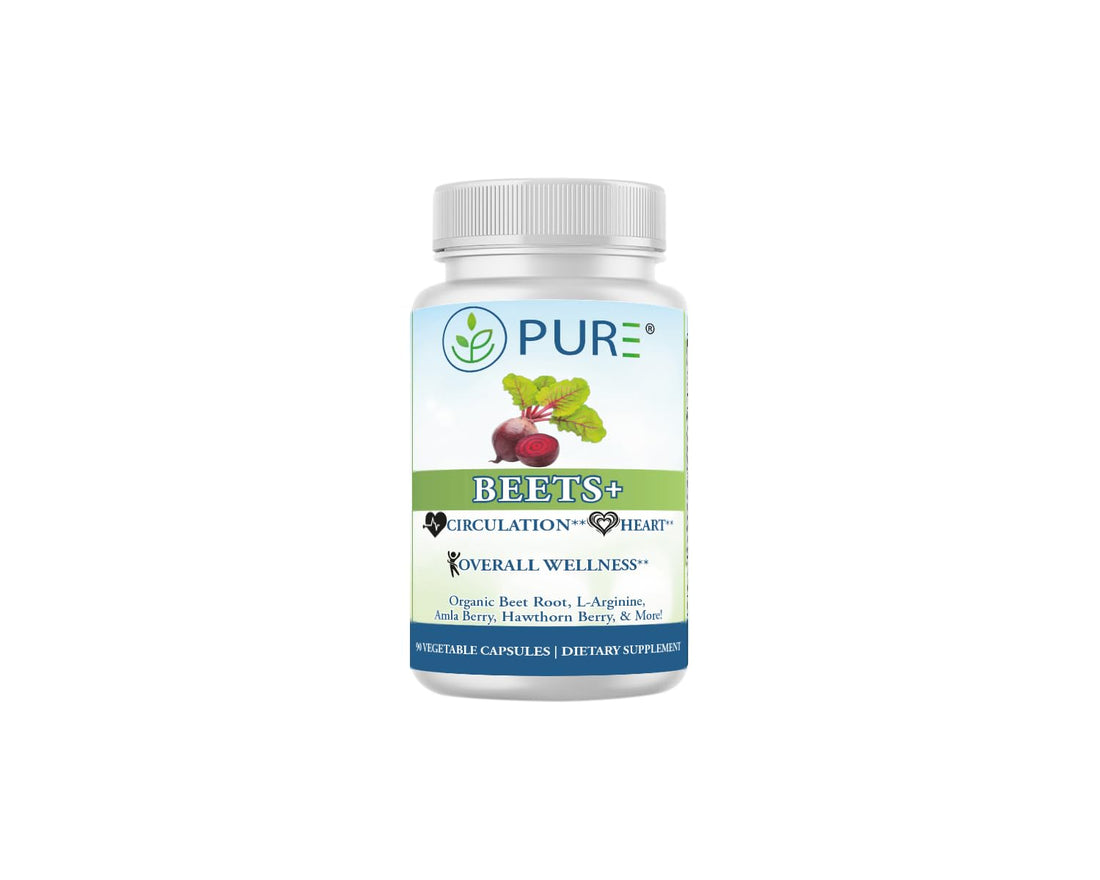 Bottle of Pure Beets+ supplement on a white background