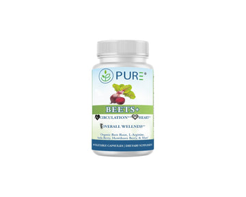 Bottle of Pure Beets+ supplement on a white background