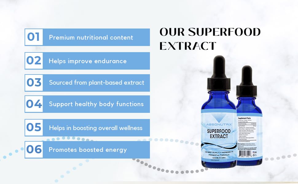 Blue bottle of superfood extract with a dropper on a white background