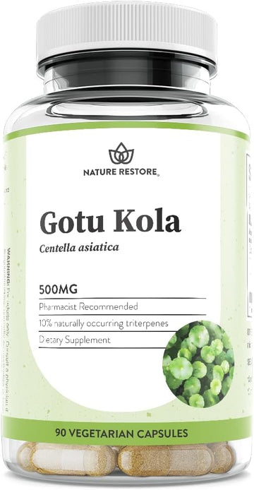 Nature Restore Gotu Kola Extract Supplement. Standardized to 10% Triterpenes - Maximum Potency 500mg Adaptogen for Brain Focus, Memory, Healthy Leg Circulation & Skin Elasticity - 90 Vegan Capsules