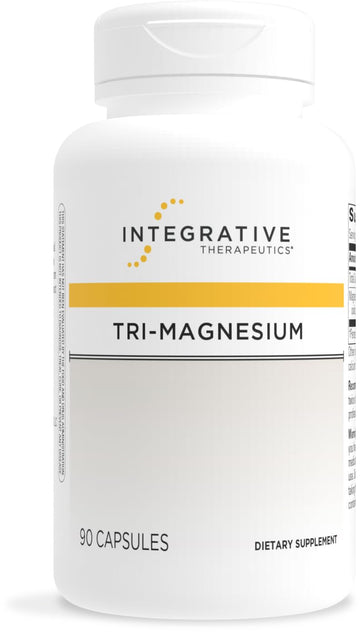 Supplement bottle labeled 'Tri-Magnesium' by Integrative Therapeutics on a white background