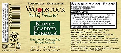 Bottle of Woodstock Herbal Products Kidney Bladder Formula with a dropper on a white background.
