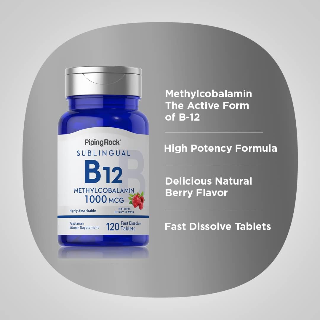 Piping Rock Vitamin B12 1000 mcg Sublingual | 120 Tablets | As Methylcobalamin | Berry Flavor | Vegetarian, Non-GMO, Gluten Free Supplement