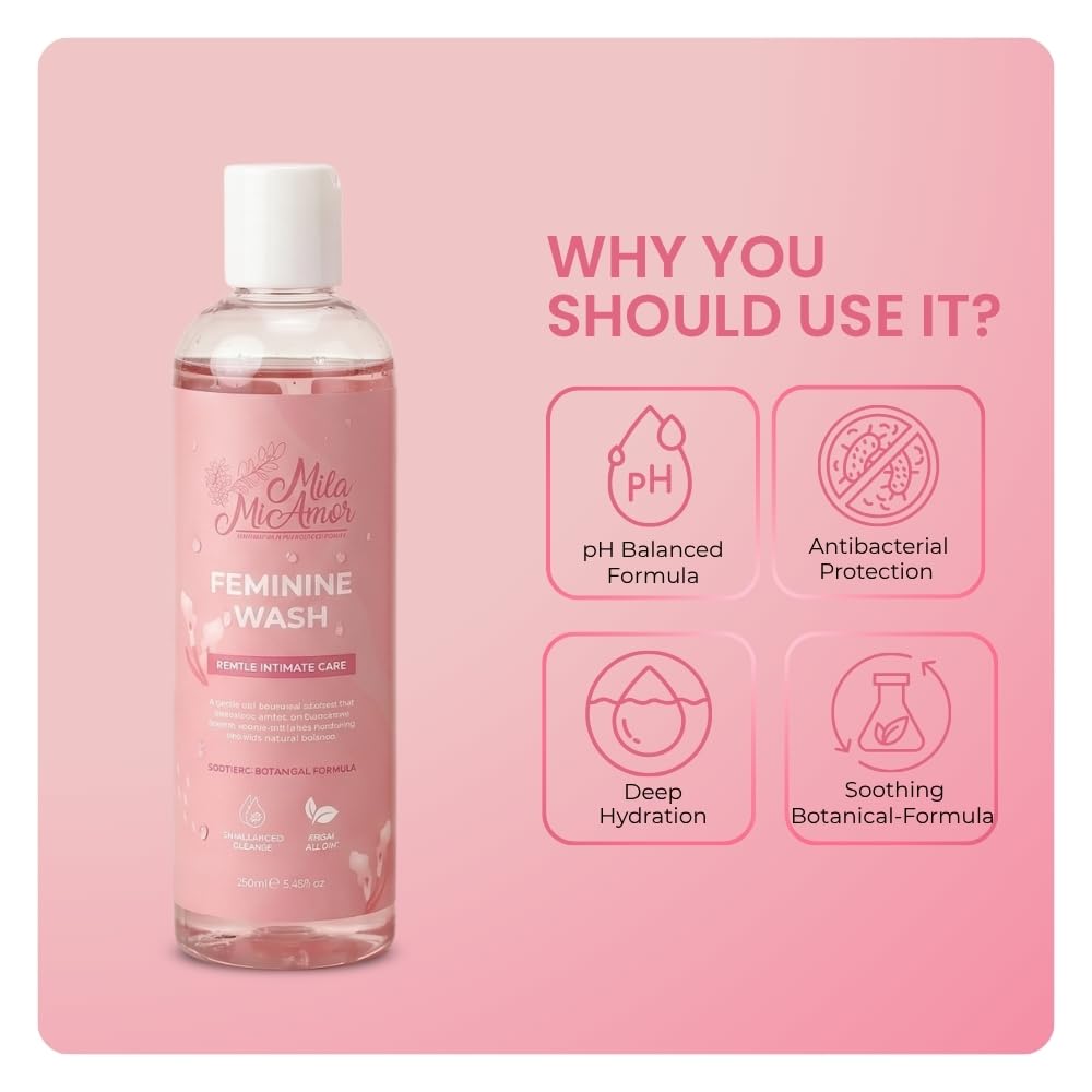 Mila Miamor Feminine Wash | pH Balanced Intimate Cleanser with Aloe, Argan and Coconut Oils | Gentle Daily Hygiene Wash | Freshness and Odor Control | Paraben Free Soap Free | 8.45 fl oz