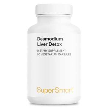 Supplement bottle labeled 'Desmodium Liver Detox' by SuperSmart on a white background