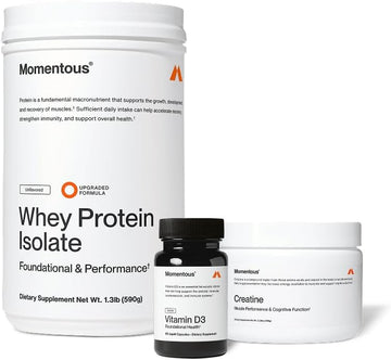Momentous Arnold's Stack - Creatine Monohydrate Powder, Essential Grass-Fed Whey Protein Powder (Unflavored) & Vitamin D3 (2000 IU) - Daily Fundamentals to Support Muscle Strength & Longevity