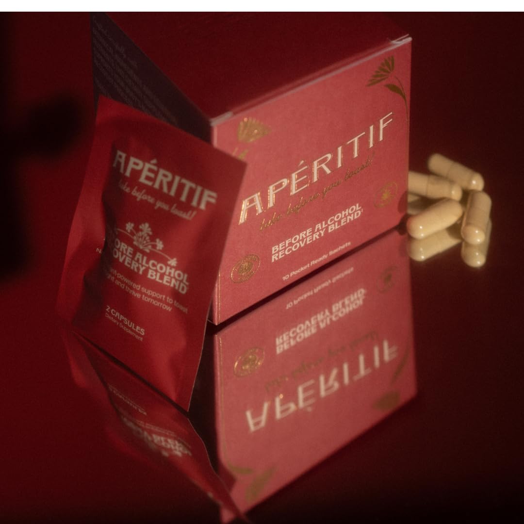 Apéritif before alcohol recovery blend packaging with capsules on a white background