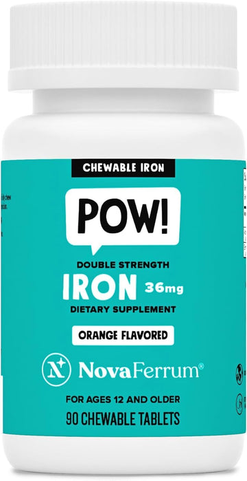 NovaFerrum Pow Chewable Iron Supplement 36mg for Anemic Teens & Adults 12+ | For Ages 12+ | Helps with Anemia and Iron Deficiency | Sugar Free, Vegan, Gluten Free Certified | 90 Servings