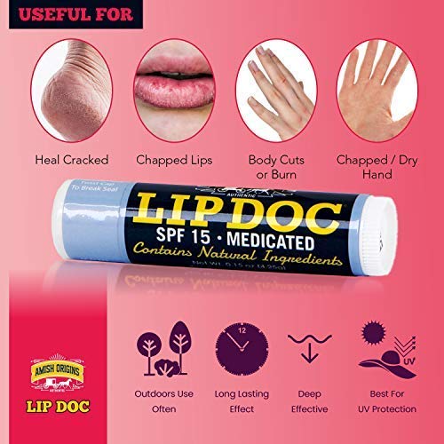 Amish Origins SPF 15 Medicated Lip Doc Balm - All Natural Ingredients, Deep Moisturizing Potent Formula for Chapped and Cracked Lips, All Refreshing Essential Oils, 3 Pack