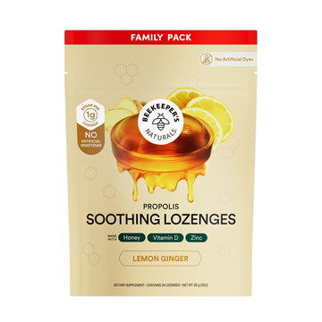 Beekeeper's Naturals Soothing Honey Ginger Lemon Cough Drops - Immune Support with Vitamin D, Zinc and Propolis Throat Soothing Lozenges, 24 Ct