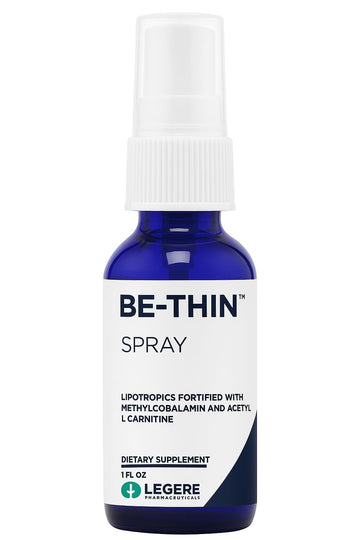Blue spray bottle labeled 'BE-THIN SPRAY' with white cap on a white background