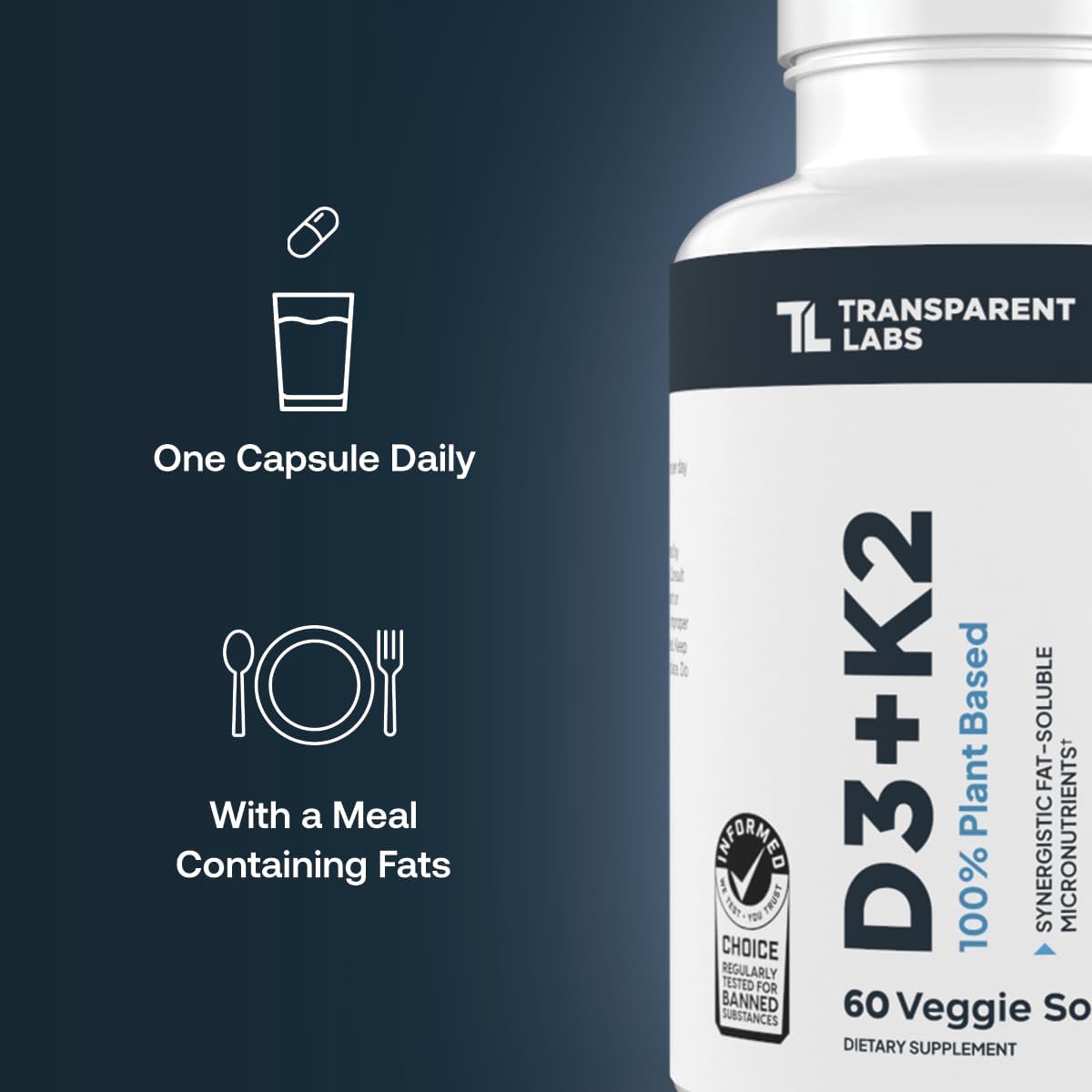 Transparent Labs Vitamin D3 K2 - Vitamin D & K2 Vitamin Supplement for Men & Women, Vegan-Friendly D3K2 5000 IU Supplements to Support Bone, Immune, and Overall Health - K2 D3 60 Capsules