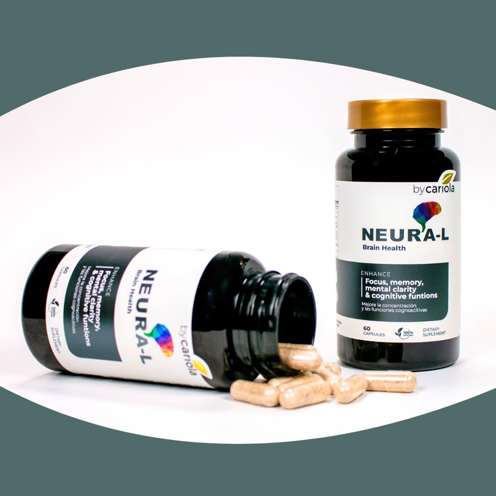 Supplement bottle labeled 'NEURA-L' for brain health on a white background