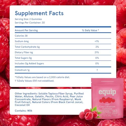 Equip Foods Core Colostrum Gummies - Delicious and Convenient - 1g Ultra-Premium Grass Fed Colostrum Per Serving - Gut Health, Immunity, Hair and Skin, Peach Mango & Raspberry