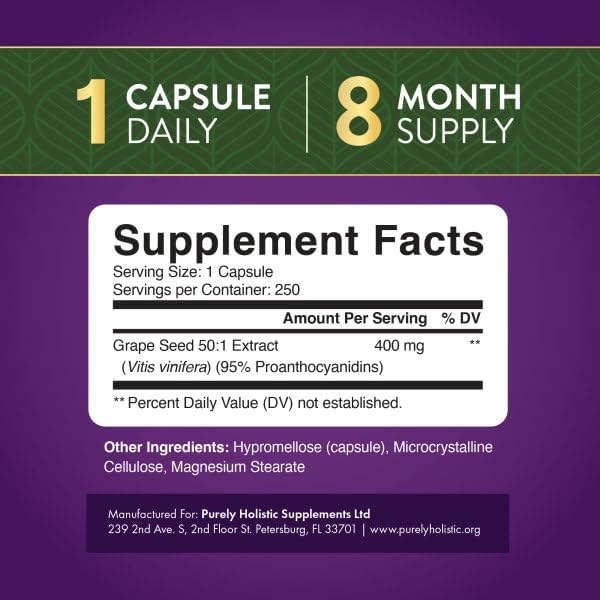 Grape Seed Extract Capsules, 8 Month Supply, 50:1 Concentrated Grape Seeds | 95% Proanthocyanidins for Antioxidant Support, Grapeseed Extract Supplement, Vegan, Gluten-Free and Non-GMO, 250 Capsules