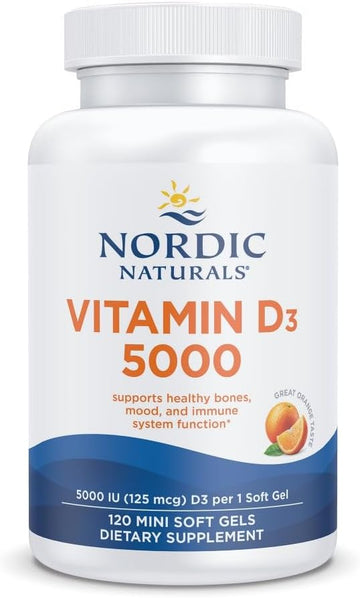Nordic Naturals Vitamin D3 5000 IU,Non-GMO, Orange - 120 Mini Softgels | High-potency vitamin D3 for bone health, mood support & immune function. One mini softgel daily. Non-GMO. 120 servings