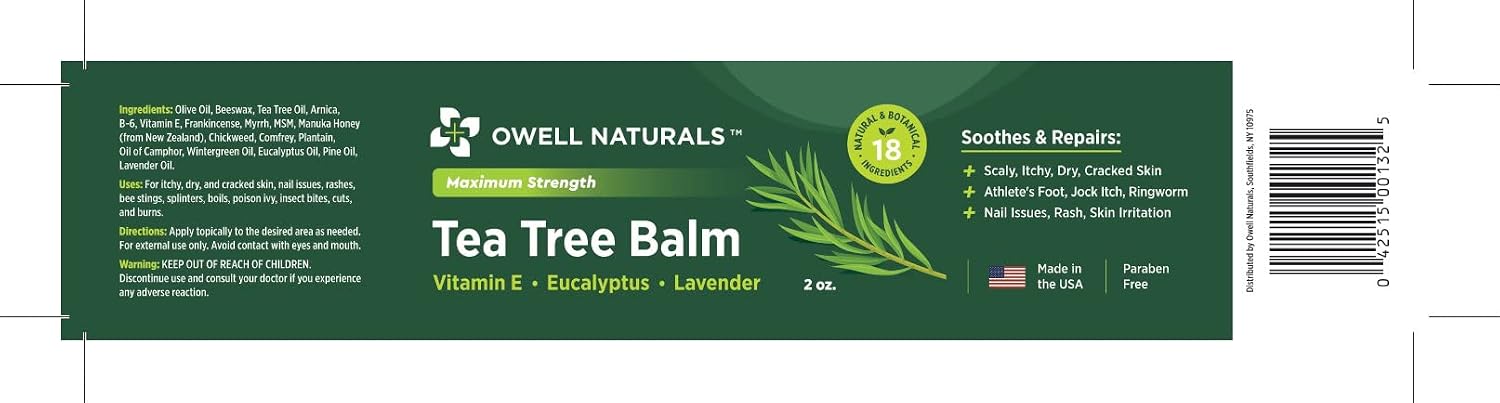 Owell Naturals Tea Tree Antifungal Balm – Extra Strength for Athlete’s Foot, Jock Itch, Ringworm & Skin Fungus – Soothing for Itchy, Dry, Cracked Skin, Feet & Body, 2 oz