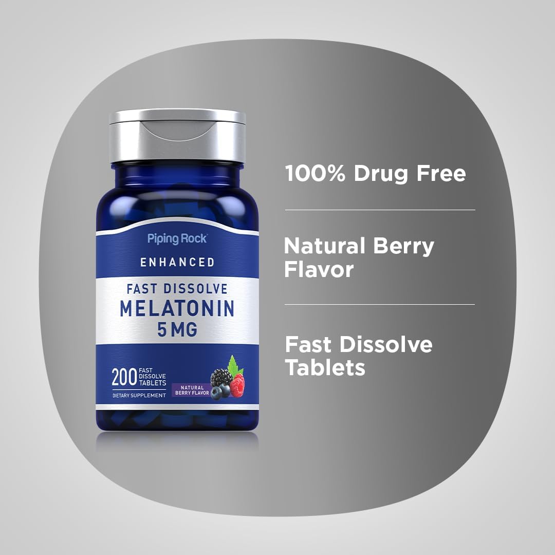 Piping Rock Melatonin 5mg | 200 Fast Dissolve Tablets | Berry Flavor | Adult Supplement | Vegetarian, Non-GMO, Gluten Free Formula