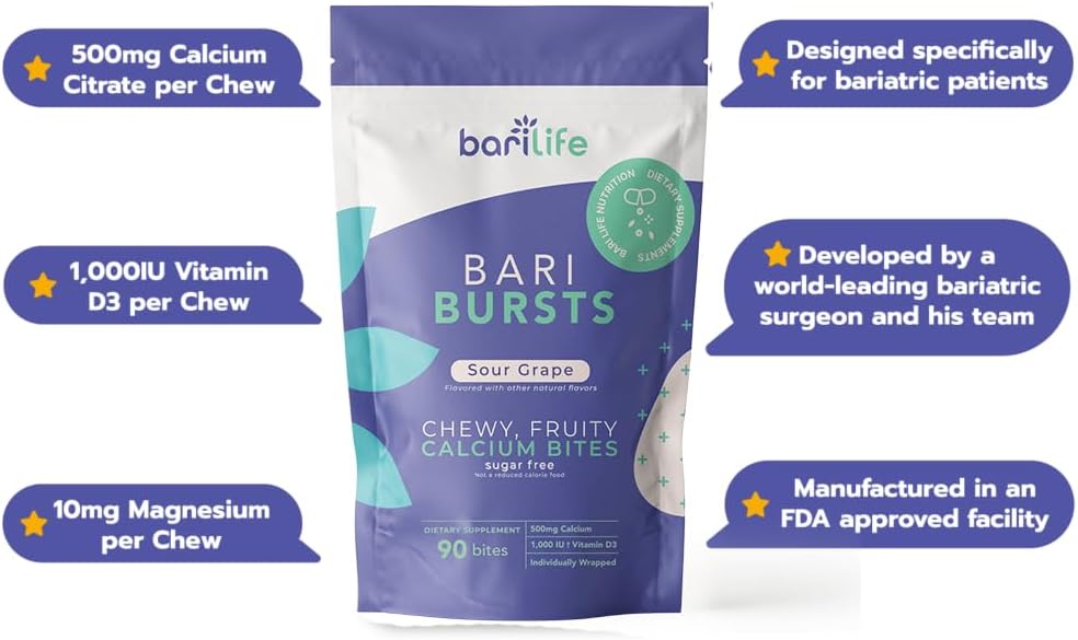 Bari Life Just One, Once Daily Bariatric Multivitamin with Iron (90 Tablets) and BariBurst Calcium Citrate Soft Chews for Gastric Bypass, Gastric Sleeve and Duodenal Switch (Sour Grape)