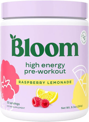 Bloom Nutrition Pre Workout Powder, Raspberry Lemonade, 30 Servings | Beta Alanine, Ginseng and L Tyrosine for Amino Energy, Natural Caffeine from Green Tea Extract, Keto, Sugar Free Drink Mix