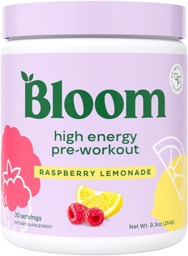 Bloom Nutrition Pre Workout Powder, Raspberry Lemonade, 30 Servings | Beta Alanine, Ginseng and L Tyrosine for Amino Energy, Natural Caffeine from Green Tea Extract, Keto, Sugar Free Drink Mix