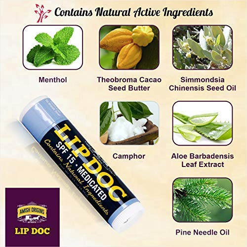 Amish Origins SPF 15 Medicated Lip Doc Balm - All Natural Ingredients, Deep Moisturizing Potent Formula for Chapped and Cracked Lips, All Refreshing Essential Oils, 3 Pack