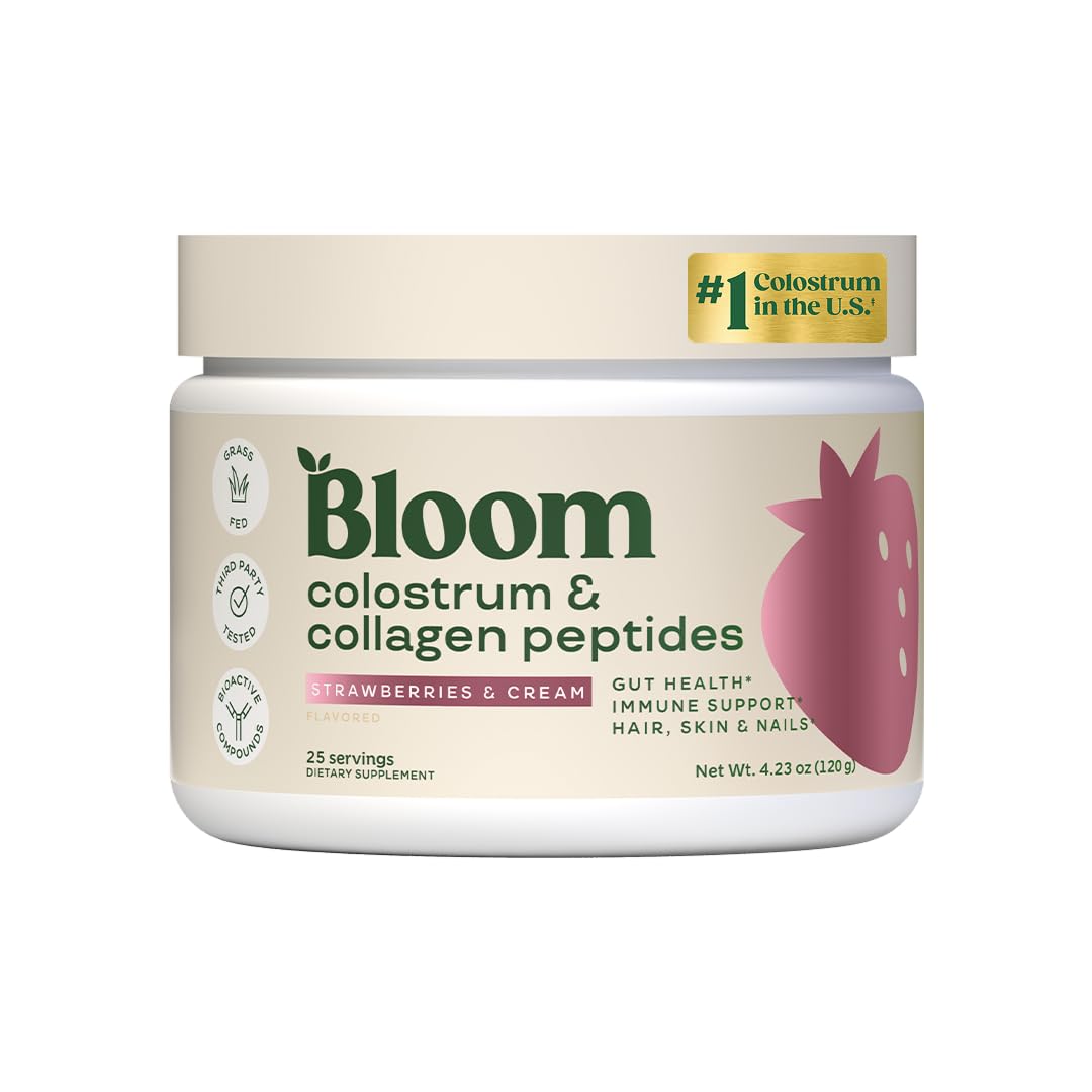 Bloom Nutrition Bovine Colostrum Powder, Strawberries & Cream, 25 Servings | Gut Health, Immune Support, Hair Growth & Beauty Supplement, Gluten Free, Sugar Free