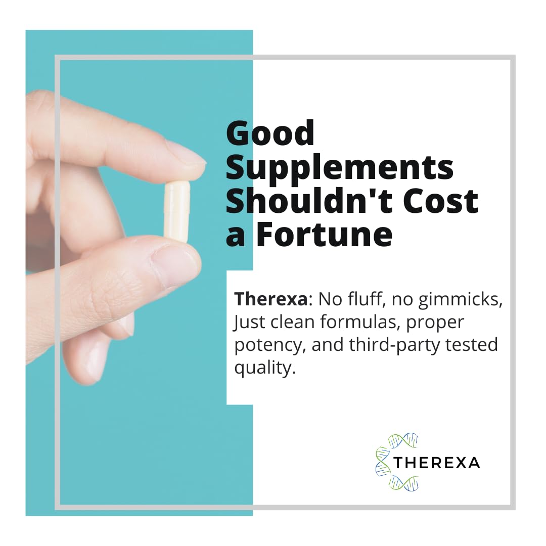 Supplement bottle labeled 'D3+K2 Magnesium Glycinate' by Therexa on a white background