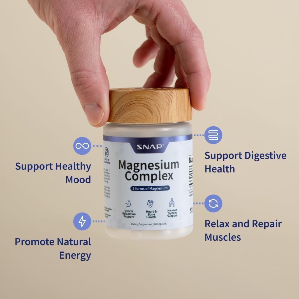 Snap Supplements Triple Magnesium Complex for Women & Men, 60 Capsules | 3-in-1 Magnesium Supplement: Bisglycinate, Citrate & Oxide, Sleep & Muscle Support, Chelated for High-Absorption, Vegan
