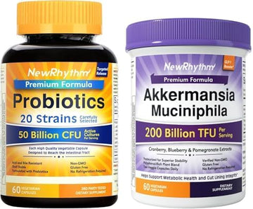 NewRhythm Probiotics Bundle, 50 Billion CFU 20 Strains and Akkermansia Muciniphila 200B TFU, Digestive Health and Immune Health, Booster Gut Lining Repair, 60 Veggie Capsules