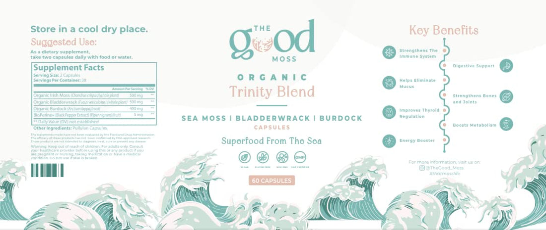 Trinity Blend Superfood -Sea Moss, Bladderwrack and Burdock Root Supplement for Overall Health Support, Hair, Skin and Nails 60ct The Good MossBuy Supplements Australia