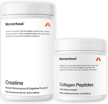 Momentous Creatine Monohydrate Powder & Grass-Fed Collagen Peptides Powder Stack - Supports Strength, Lean Muscle, & Recovery - FORTIGEL & Vitamin C for Hair, Skin, Nails, & Joint Health Support