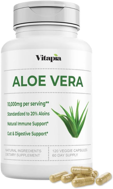 Organic Aloe Vera Capsules 20% Aloins Supplement - Pure Inner Leaf Gel Concentrate - Digestive, Gut Health, Skin, Immune Support - 120 Count - Non-GMO, Gluten-Free, Vegan