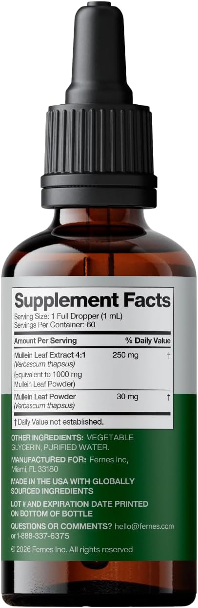 Mullein Drops for Lungs – Liquid Mullein Leaf Extract for Respiratory & Immune Support – Alcohol-Free Herbal Tincture for Men & Women – Made in USA, 3rd-Party Tested – 2 fl oz, 60 Servings