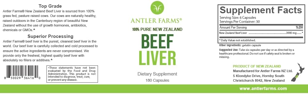 Antler Farms New Zealand Beef Liver Capsules - Grass Fed, 180 Capsules | 100% Pure Desiccated Grass Fed Beef Liver Supplement, Cold Processed, rBGH Free, No Fillers or Additives