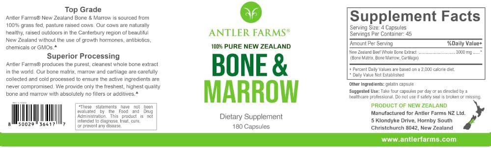 Antler Farms New Zealand Bone & Marrow - Grass Fed, 750mg, 180 Capsules | 100% Pure, Pasture Raised Whole Bone Extract, Healthy Essential Fats, Stem Cells, Collagen, Calcium, Phosphorus and Minerals