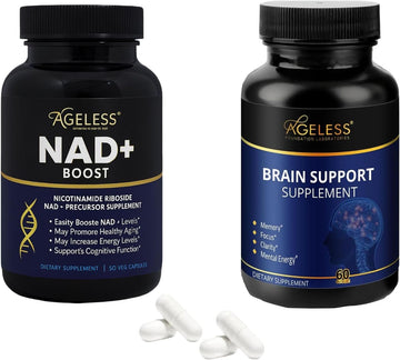 Ageless NAD+ & Brain Support – Nicotinamide Riboside 300mg & Nootropic Cognitive Supplement for Energy, Focus, Memory & Anti-Aging – for Men & Women – 30 + 60 Capsules
