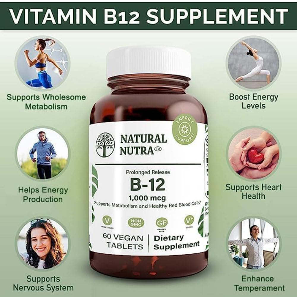 Natural Nutra Vitamin B12 1000 mcg, 100 Vegan Tablets | Promote Heart & Nerve Health, Cobalamin B12 Supplement, Help in Metabolism Health, Optimal Absorption, Gluten-Free,Sugar-Free
