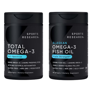 Sports Research® Omega-3 Fish Oil Bundle - Total Omega-3 2200mg (Krill, Salmon & Pollock) + Triple Strength Fish Oil 1250mg - High EPA & DHA Supplement Sports Research buy supplements Au