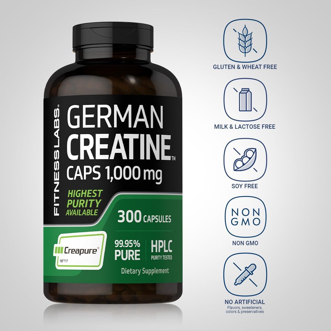 Fitness Labs German Creatine Monohydrate Capsules | 1000mg | 300 Pills | Supplement for Men and Women | Non-GMO, Gluten Free